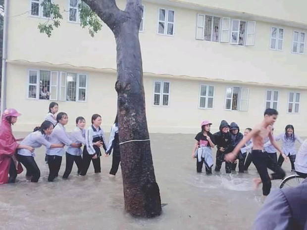 Nước mưa ngập đến đầu gối các cô cậu học trò. 