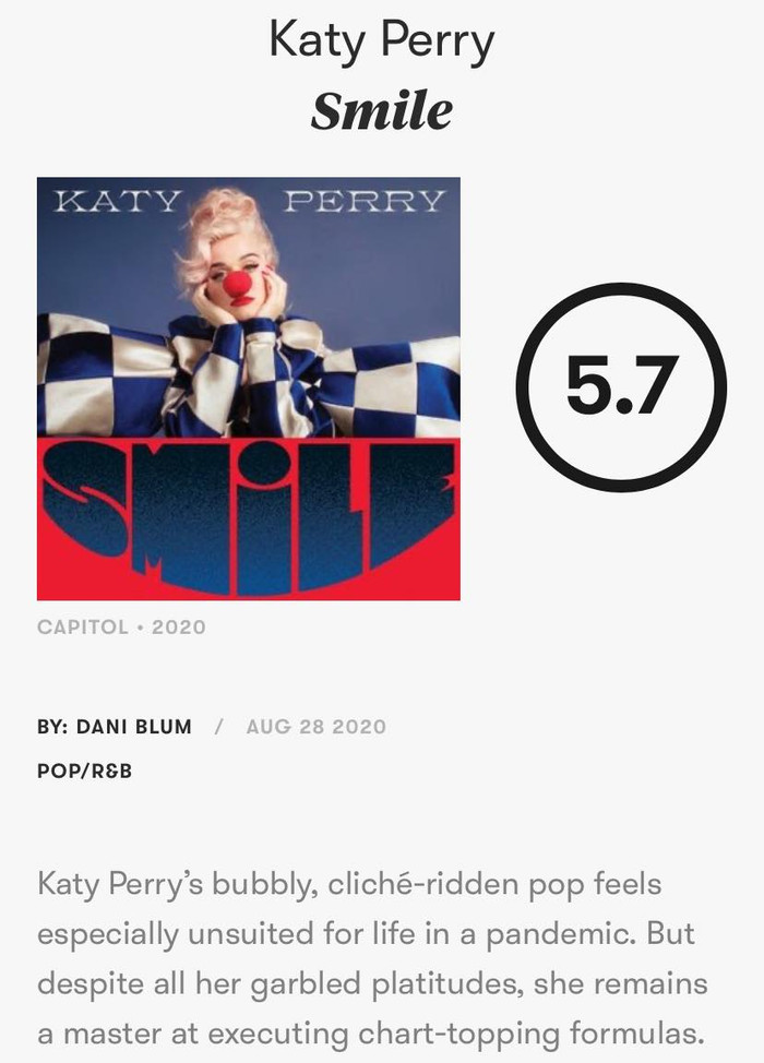 'Smile' của Katy nhân được số điểm trung bình từ chuyên trang âm nhạc uy tín PitchFork.