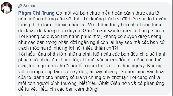 NSƯT Chí Trung viết 'tâm thư' bộc bạch nỗi lòng khi bị xỉa xói vì yêu bạn gái doanh nhân