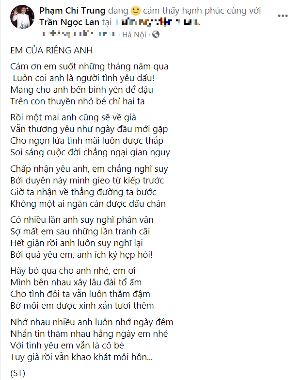 Bài thơ tình mà nam nghệ sĩ gửi tặng bạn gái của mình