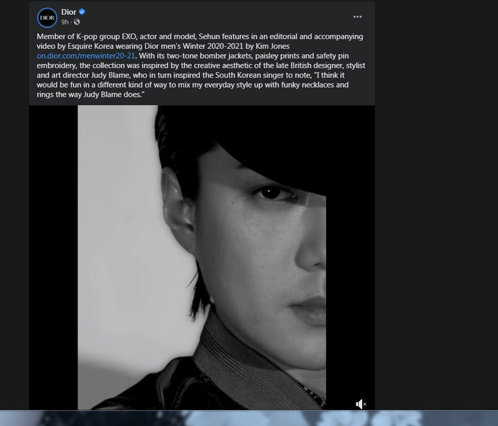 Page Facebood Dior của hãng chính thức update hình ảnh thành viên Sehun EXO là gương mặt mới cho dòng Dior Men