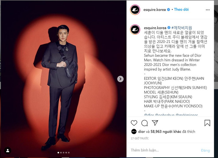 BST cho dòng thời trang nam được tạp chí Esquire Korea đăng tải trên trang cá nhân 