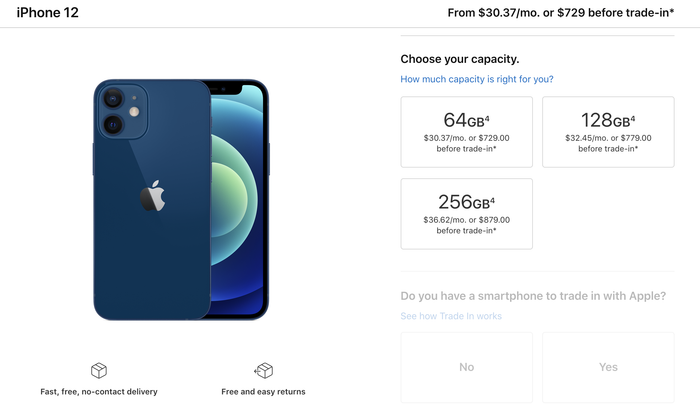 iPhone 12 mini có mức giá bán lẻ đề nghị thực tế từ 729 USD chứ không phải 699 USD như Apple công bố. (Ảnh chụp màn hình)