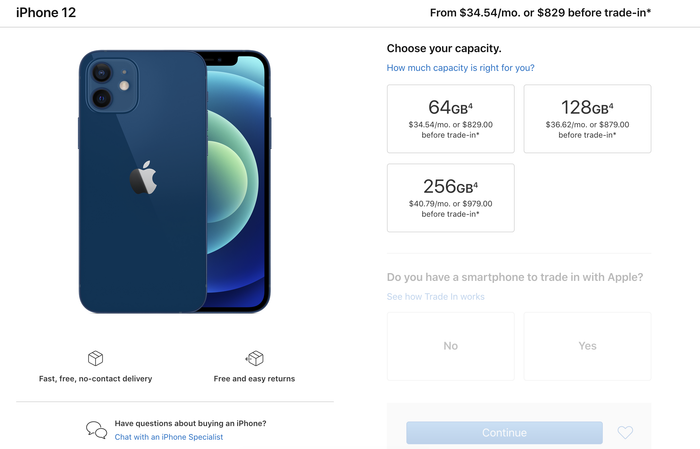 iPhone 12 có giá khởi điểm thực tế là 829 USD, chứ không phải 799 USD như công bố. (Ảnh chụp màn hình)