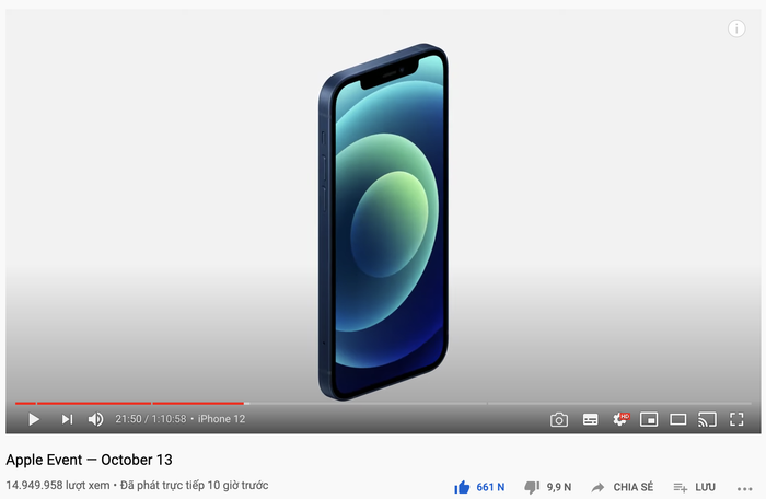 Lượt xem video ra mắt iPhone 12 của Apple cũng đã gần đạt 15 triệu lượt xem sau 10 giờ công chiếu. (Ảnh chụp màn hình)
