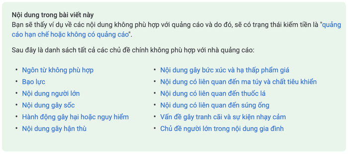 Nguyên tắc về nội dung phù hợp với nhà quảng cáo mà YouTube đề ra. (Ảnh chụp màn hình)
