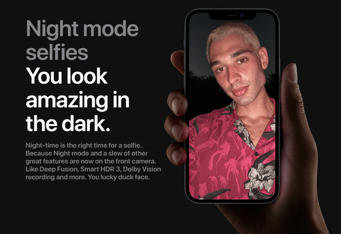 Camera selfie trên iPhone 12 cũng hỗ trợ chế độ chụp đêm này. (Ảnh: Apple)