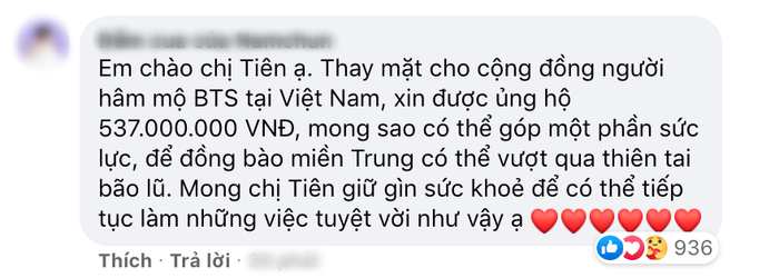 Đại diện của cộng đồng fan BTS tại Việt Nam gửi lời chúc Thủy Tiên sức khỏe để thực hiện những hành động ý nghĩa.
