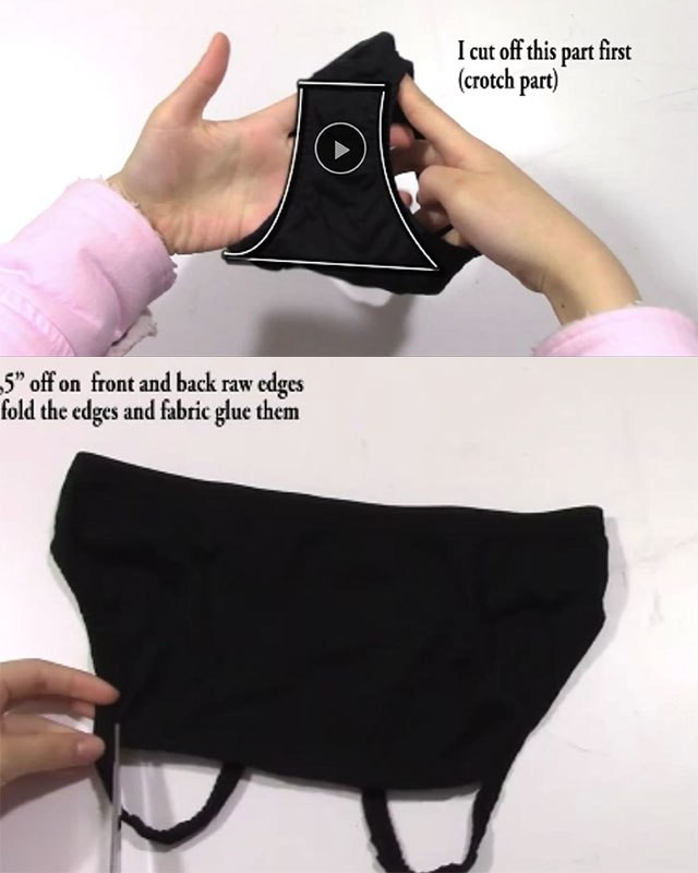 Ngoài ra, còn một cách biến tấu nữa là cắt bỏ đi phần đáy quần, sau đó lấy phần vải đó may thành hai quai trên vai. 