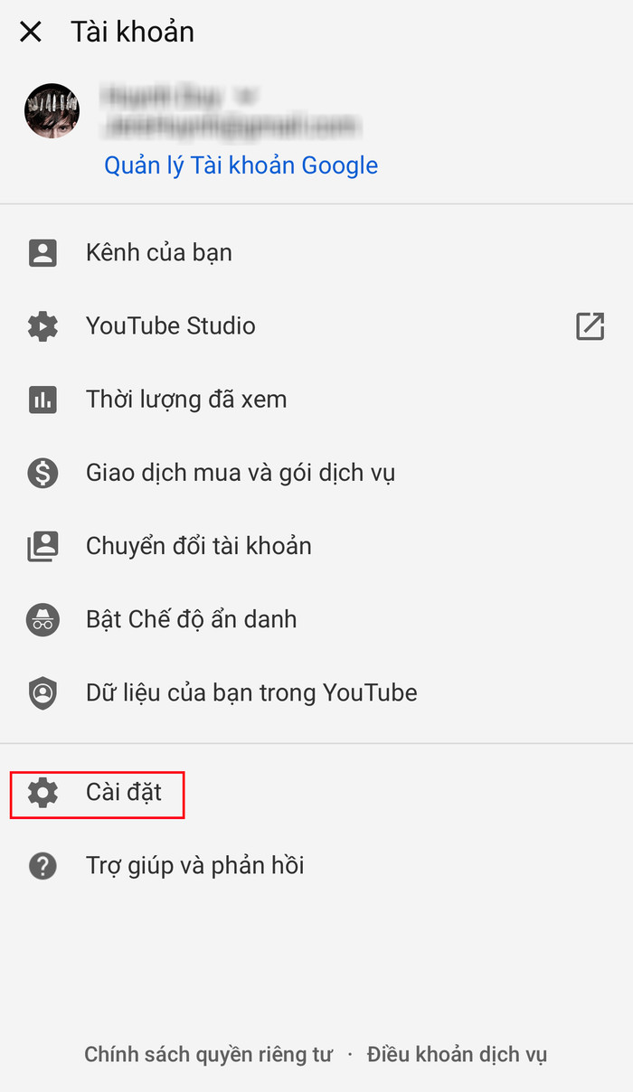Tiếp đến, bạn hãy chọn Cài đặt.