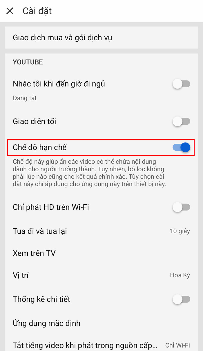 Lúc này, bạn hãy kích hoạt 'Chế độ hạn chế'. Sau đó, bạn hãy quay trở lại màn hình chính và tải lại trang để YouTube ẩn các video có nội dung dành cho người trưởng thành.
