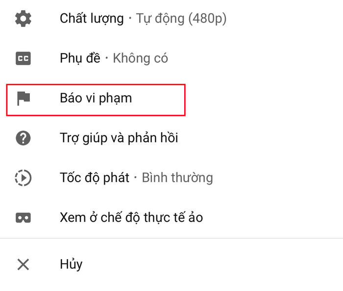 Tiếp đó ấn chọn 'Báo vi phạm'. Sau khi chọn lý do phù hợp, bạn hãy gửi báo cáo cho YouTube.