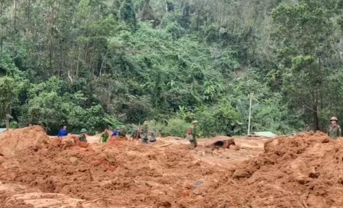 Lực lượng chức năng nỗ lực tìm kiếm các nạn nhân mất tích tại khu vực Tiểu khu 67 sau vụ sạt lở. Ảnh: Báo SGGP