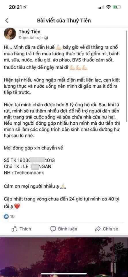 Bài đăng kêu gọi kêu gọi nhận tiền quyên góp, cứu trợ đồng bào miền Trung gặp khó khăn vì lũ lụt của tài khoản giả mạo ca sĩ Thuỷ Tiên. (Ảnh: Thuỷ Tiên)