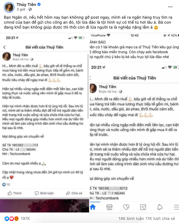 Bài đăng cảnh báo của Thuỷ Tiên về một tài khoản Facebook giả mạo cô để kêu gọi nhận tiền quyên góp, cứu trợ đồng bào miền Trung gặp khó khăn vì lũ lụt. (Ảnh chụp màn hình)
