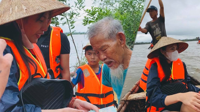 Ca sĩ Thuỷ Tiên đứng ra quyên góp, đồng thời có mặt tại miền Trung để giúp đỡ những người dân gặp khó khăn do ảnh hưởng của mưa lũ. (Ảnh: FBNV / Thanh Niên)
