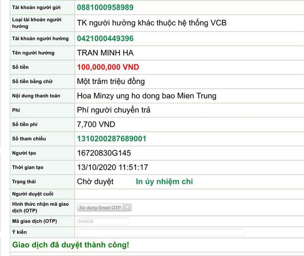 Hoà Minzy đã chuyển tiền quyên góp ủng hộ Miền Trung vào Quỹ Trái Tim Đồng Cảm của vợ chồng anh chị Lý Hải , Minh Hà !
