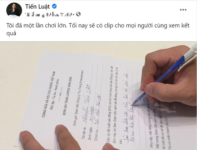 Tiến Luật làm đơn xin bà xã Thu Trang tăng lương với lý do nhiều năm cống hiến