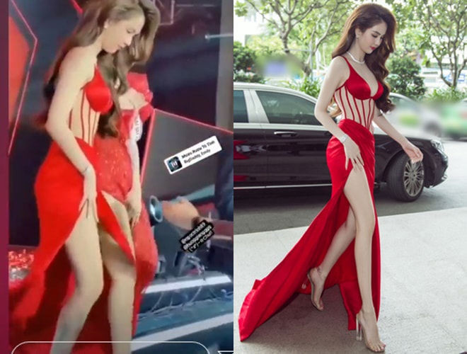 Bộ cánh rất đẹp nhưng chính đường xẻ cao khiến Ngọc Trinh mỗi từng bước chân đều phải vô cùng cẩn thận, che chắn kín kẽ. 