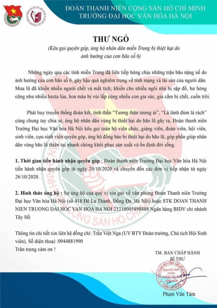Đoàn thanh niên ĐH Văn hóa Hà Nội kêu gọi ủng hộ miền Trung