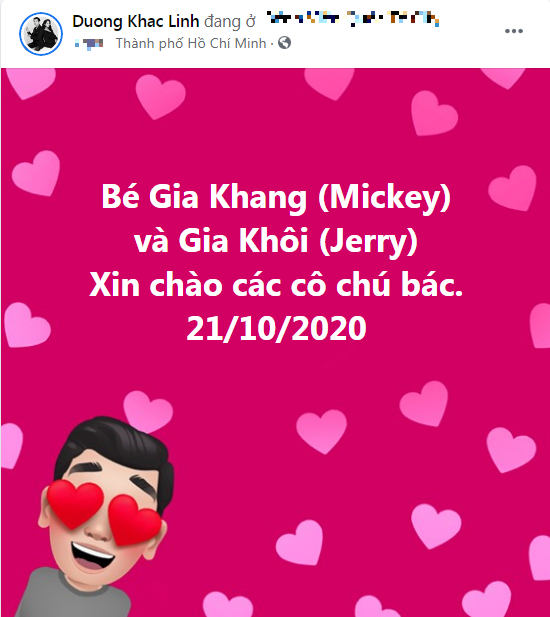 Dương Khắc Linh vui mừng thông báo bà xã Sara Lưu đã sinh một cặp song sinh