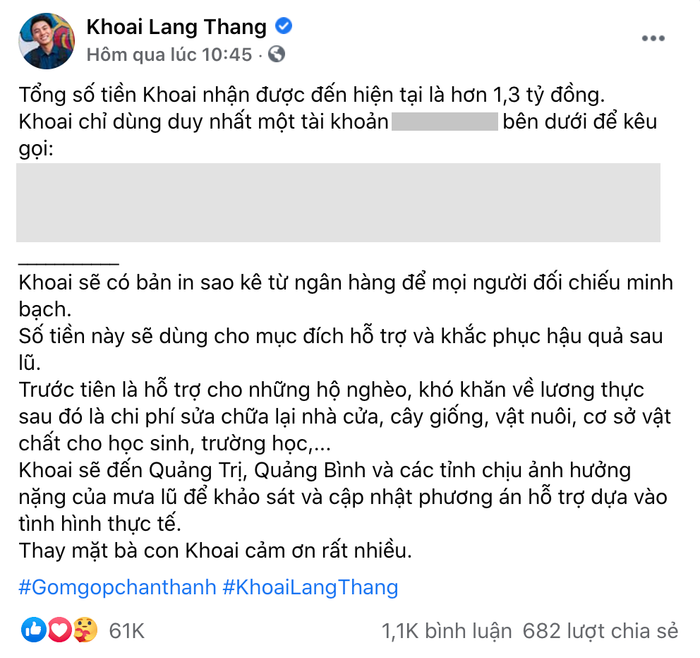 Bài đăng kêu gọi cộng đồng cùng chung tay đóng góp ủng hộ đồng bào miền Trung vượt khó khăn trong bão lũ của Khoai Lang Thang. (Ảnh chụp màn hình)