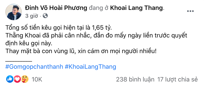 'Tổng số tiền kêu gọi hiện tại là 1.65 tỷ. Khoai đã phải cân nhắc, đắn đo mấy ngày liền trước quyết định kêu gọi này. Thay mặt bà con vùng lũ, xin cám ơn mọi người nhiều!', Khoai Lang Thang cho biết. (Ảnh chụp màn hình)