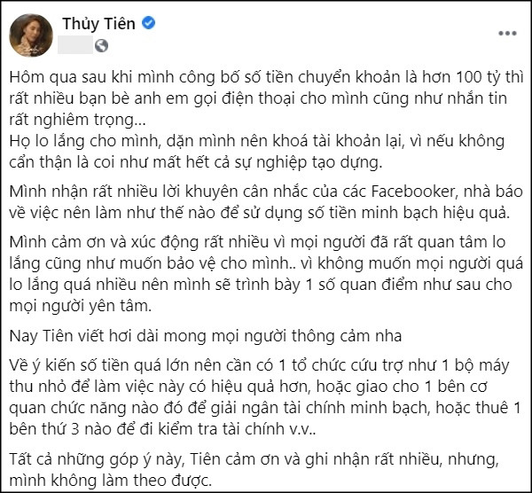 Nữ ca sĩ khẳng định sẽ tự mình quản lí tiền từ thiện mà không giao cho ai cả