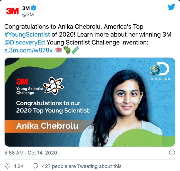 Với chiến thắng này, Anika Chebrolu đã nhận được giải thưởng lên tới 25.000 USD (gần 580 triệu đồng). (Ảnh: Twitter/3M)