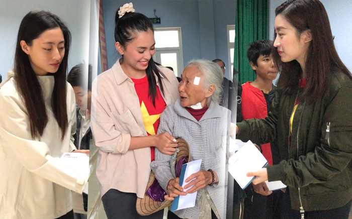 Đỗ Mỹ Linh - Tiểu Vy - Lương Thuỳ Linh băng qua vùng lũ, trao tiền tận tay người dân miền Trung Ảnh 2