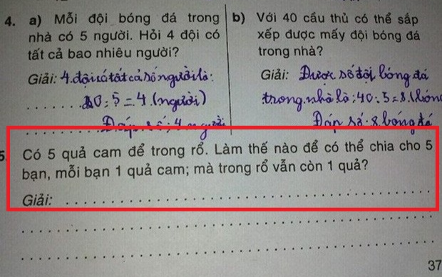 Bài toán lớp 2 gây tranh cãi: Chia 5 quả cam cho 5 bạn, mỗi người 1 quả nhưng trong rổ còn 1 quả? Ảnh 2