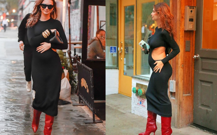 Thiên thần nội y Emily Ratajkowski diện váy đen cut-out lộ vòng 1 khoe bụng bầu tròn xoe Ảnh 2