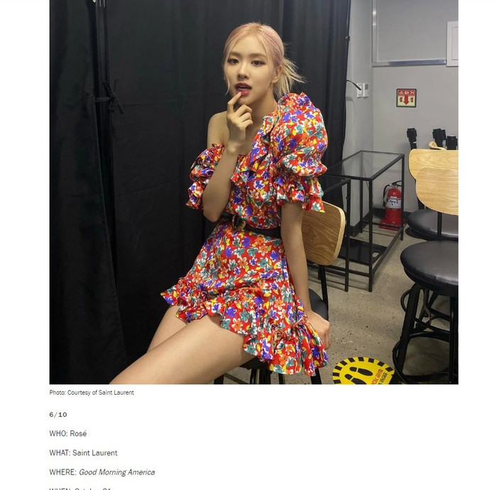 Trong bảng xếp hạng sao mặc đẹp tuần qua còn có thành viên Rose Black Pink đứng ở hạng 6 trong bộ váy hoa sặc sỡ đến từ Saint Laurent