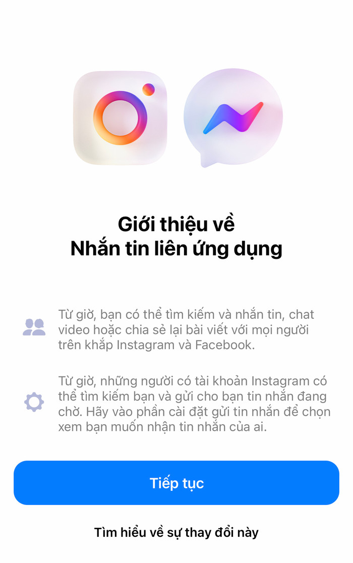 Nhiều người dùng Facebook và Instagram tại Việt Nam đã nhận được thông báo về việc cập nhật mới 'Nhắn tin liên ứng dụng'. (Ảnh chụp màn hình)