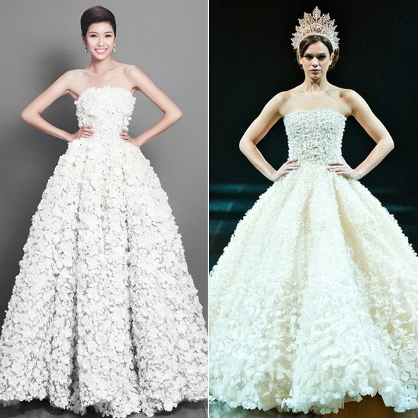 Dễ nhận thấy ý tưởng của hai thiết kế tương đồng với nhau nhưng phom dáng lại khác biệt. Trong khi phần tùng váy của NTK Michael Cinco xòe rộng thì thiết kế của Hoàng Minh Hà dành cho Thúy Vân lại ôm dáng người hơn. Vì sự cố này mà Thúy Vân đã bị chỉ trích thiếu chuyên nhiệp.