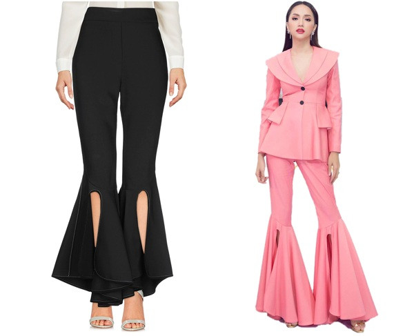 Chiếc quần nằm trong bộ vest hồng sang chảnh của Hương Giang có phần giống với mẫu quần đen của nhà mốt Ellery, chỉ có khác biệt về độ dài, phom dáng. 