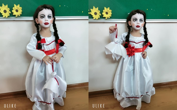 Tham dự bữa tiệc Halloween, cậu nhóc được mẹ hóa trang thành búp bê Annabelle khiến CĐM thích thú Ảnh 2