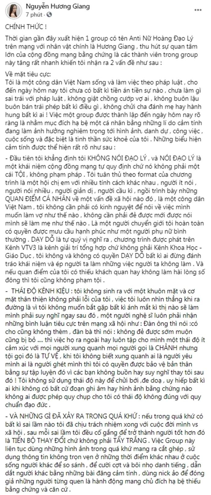 Hương Giang lên tiếng về Group 110 nghìn anti-fan: Tôi không đạo lý - tẩy trắng, nhờ pháp luật can thiệp Ảnh 1