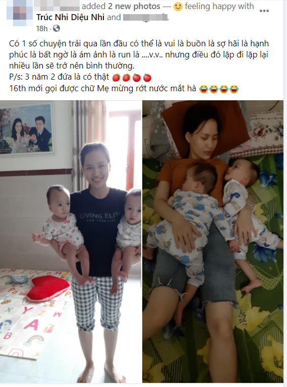 Chị Thúy hạnh phúc chia sẻ niềm vui khi hai bé cất tiếng gọi 'mẹ' sau 16 tháng&nbsp;