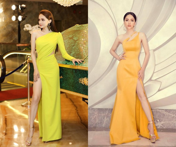 Hương Giang dường như ý thức được chiếc đầm của mình hở quá nhiều nên dù phần thân dưới không quá hở quá bạo nhưng nàng hậu vẫn luôn chú ý đặt lên đùi mỗi khi pose dáng. 