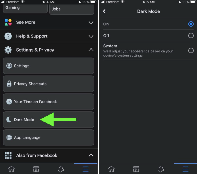 Một số người dùng nhìn thấy tuỳ chọn Dark Mode trong ứng dụng Facebook. Ảnh: MacRumors