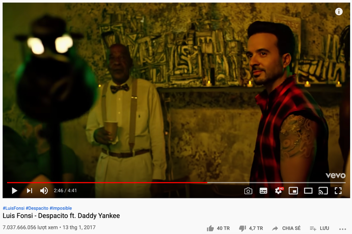 Trong khi đó, MV Despacito của bộ đôi nghệ sĩ người Puerto Rico - Luis Fonsi và rapper&nbsp;Daddy Yankee, cán mốc 7,037 tỷ lượt xem. (Ảnh chụp màn hình)