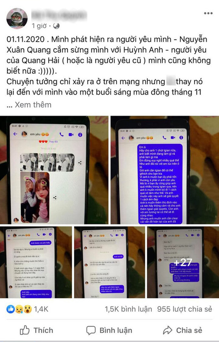 Bài tố cáo của 1 tài khoản Facebook cho rằng Huỳnh Anh chen chân vào một cuộc tình đang êm đẹp ngay lập tức nhận được nhiều sự quan tâm.