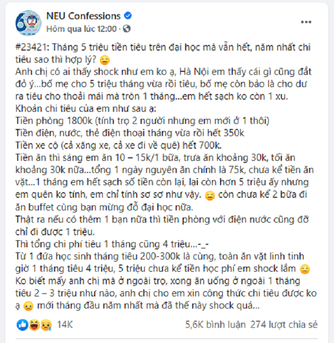 Câu chuyện chi tiêu của một nam sinh năm nhất bất ngờ khiến cư dân mạng 'dậy sóng'. Ảnh chụp màn hình