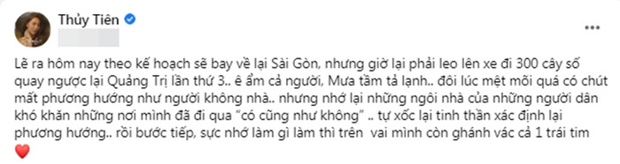 Chia sẻ mới nhất của Thủy Tiên: Không về nhà, tiếp tục hỗ trợ người dân Quảng Trị khắc phục hậu quả sau bão lũ.
