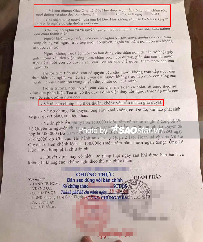 Quyết định ly hôn của vợ chồng Lệ Quyên do TAND quận 2 ban hành