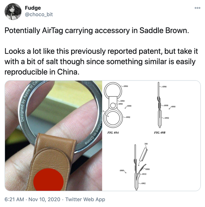 Leaker Fudge (@choco_bit) đã chia sẻ trên Twitter hình ảnh cho thấy một phụ kiện được thiết kế bởi Apple để hoạt động với AirTags. (Ảnh chụp màn hình)