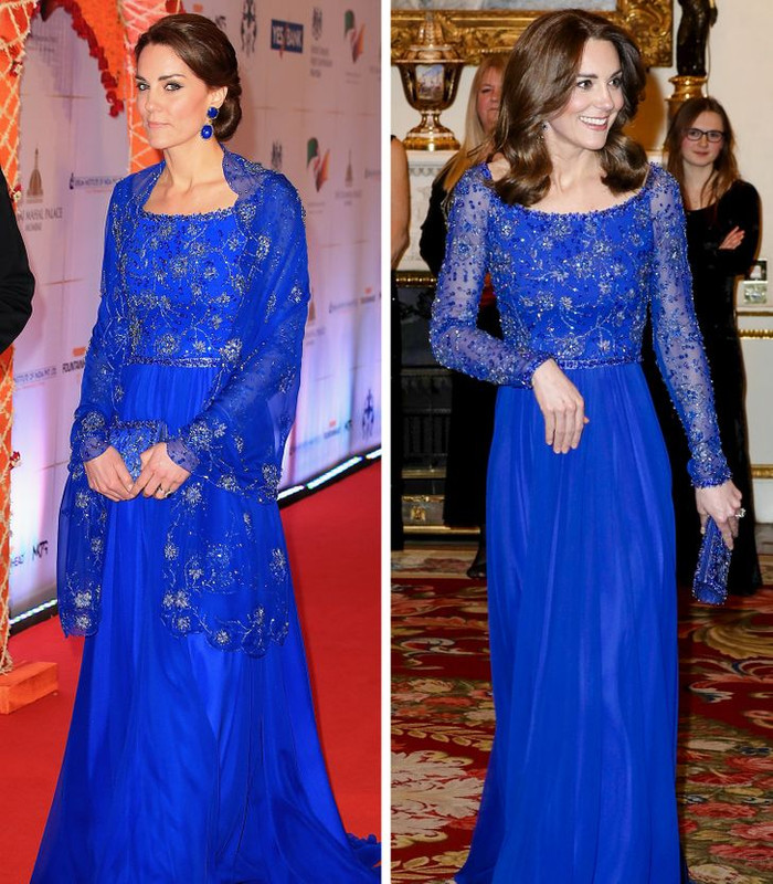 Chiếc váy xanh này từng xuất hiện tại buổi dạ tiệc từ thiện tại khách sạn Taj Mahal Palace, Mumbai, Ấn Độ (2016) và tại dạ tiệc kỷ niệm 25 năm thành lập Place2Be tại cung điện Buckingham, London (2020). Chiếc áo choàng voan khiến nhiều người không nhận ra Kate mặc cùng một chiếc váy trong cả hai sự kiện.