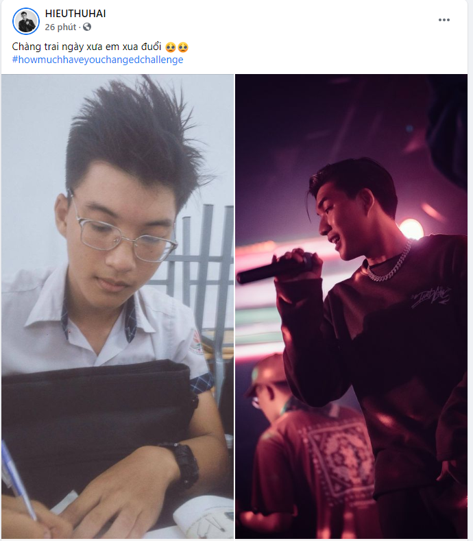 Thí sinh 'King of Rap' - Hiếu Thứ Hai đăng ảnh thời học sinh với chú thích: 'Chàng trai ngày xưa em xua đuổi'. Hiện tại, cậu ấy đã tỏa sáng trên sân khấu với vẻ ngoài trưởng thành.