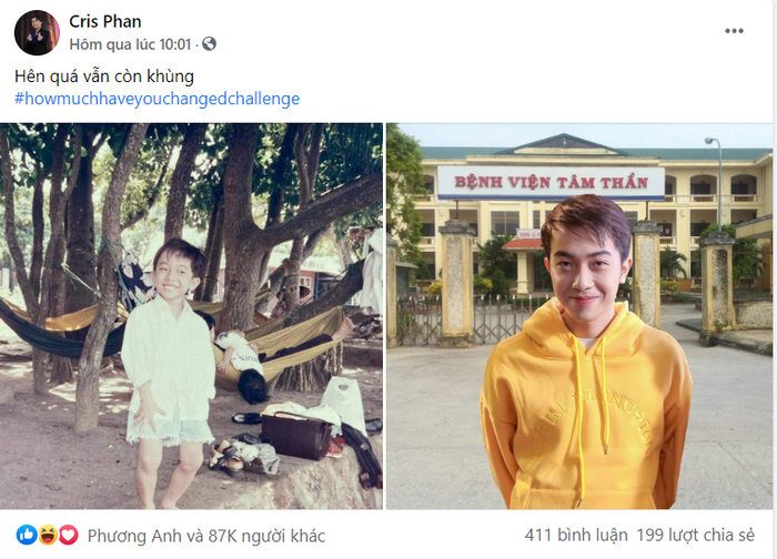 Streamer kiêm diễn viên Cris Phan tự tin khoe ảnh ngày nhỏ với chú thích hài hước: 'Hên quá vẫn còn khùng'.